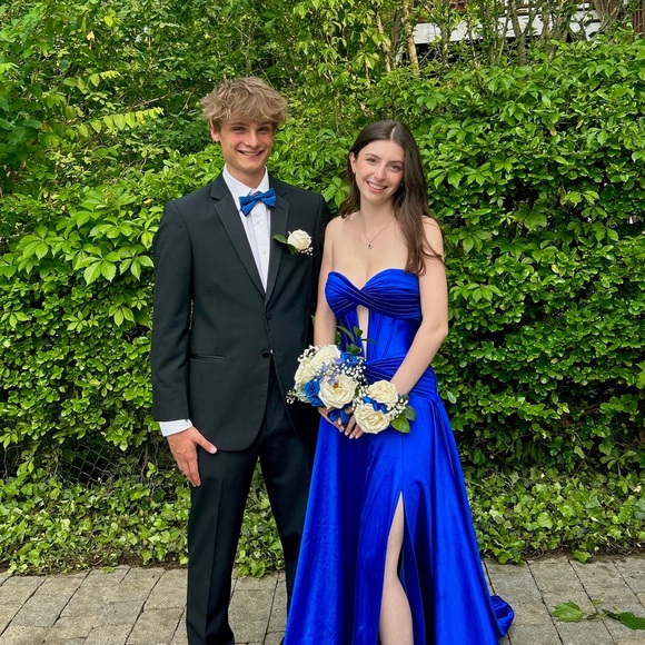 Blue Sherri Hill full length dress style #56396 satin, strapless, a-line  dress